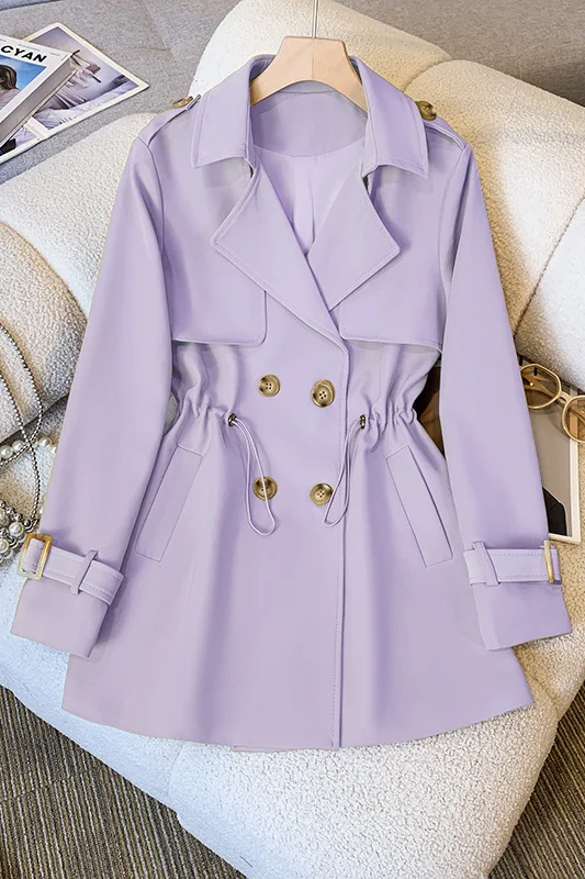 

Brown Trench Women'S Coat Tailoring Accurate Tie Lazy Stitching Straight Cut Plaid Clean Coffee Slit French Mid-Long Topcoat