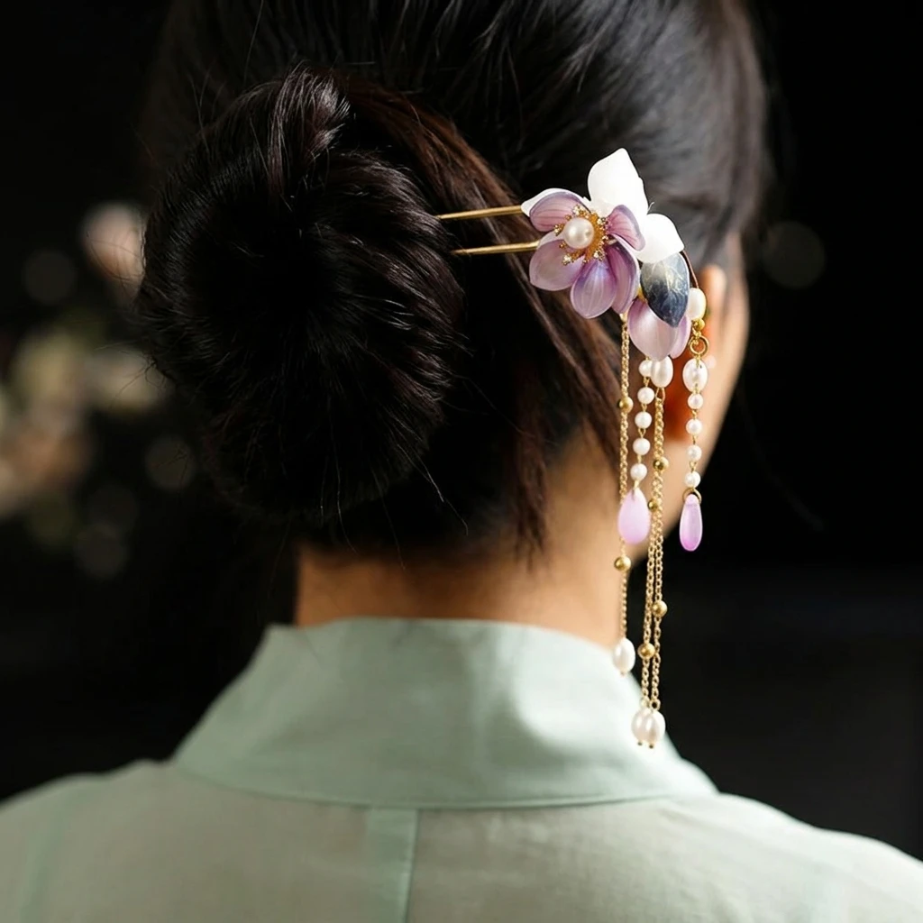 Alloy U Shaped Hair Pin With Orchid Flower Decor Smooth Hand Polished Updo Stick For Hanfu Qipao Wedding Festival Women view 3