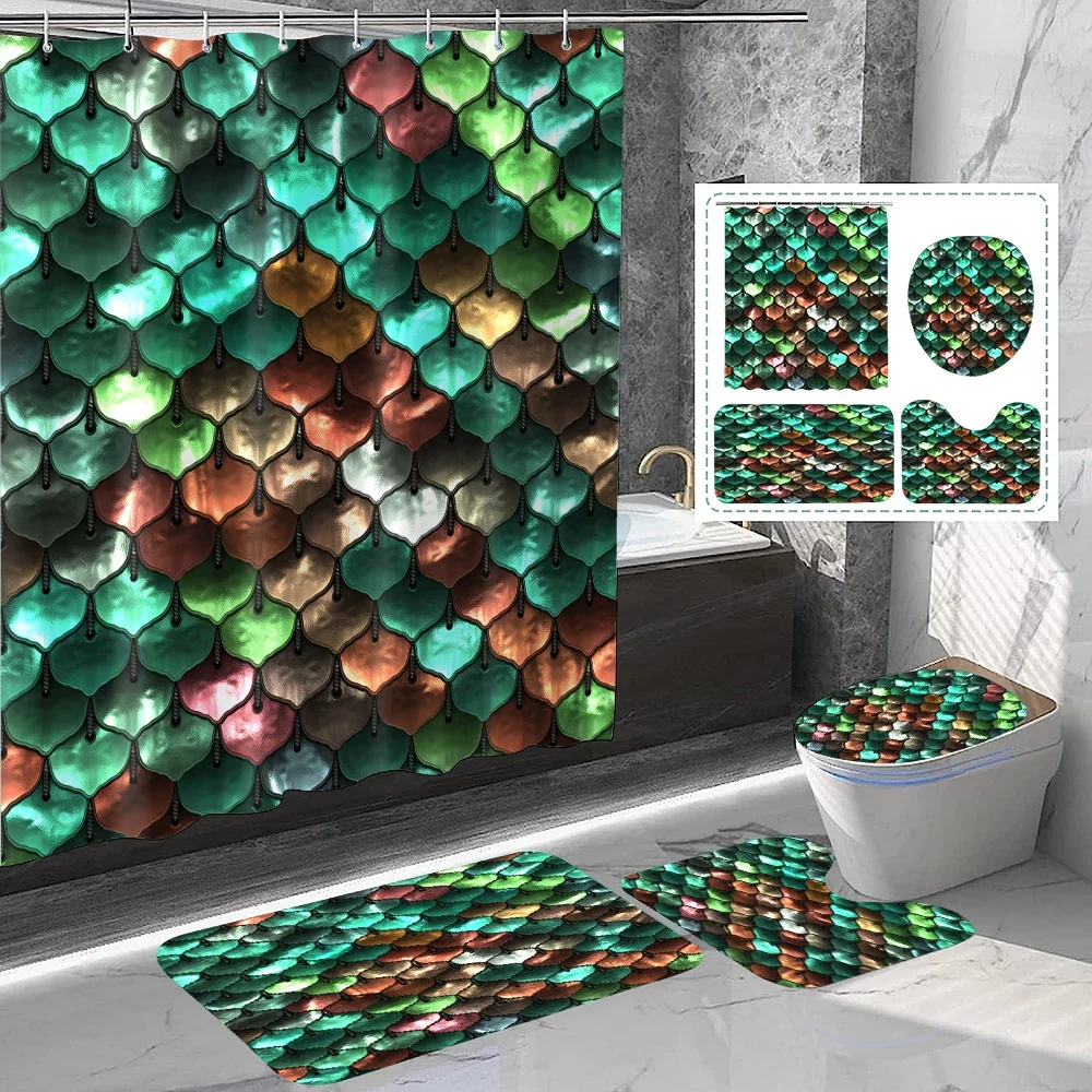 

1 set of green color scale printed shower curtains, summer style, with 12 hooks and bathroom floor mats
