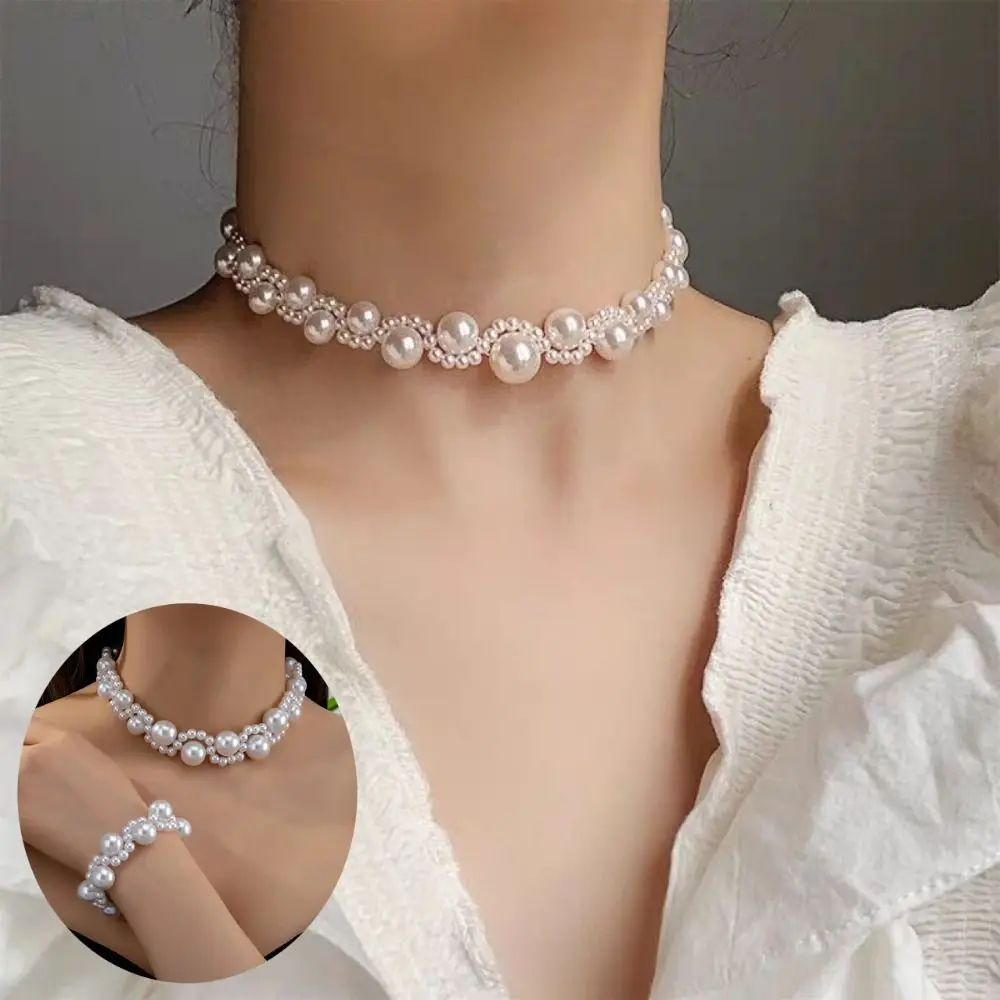 Luz de luxo pérola colar pulseira conjunto mão pulseira corrente gargantilha pérola frisado jóias terno doce feminino conjunto jóias presentes