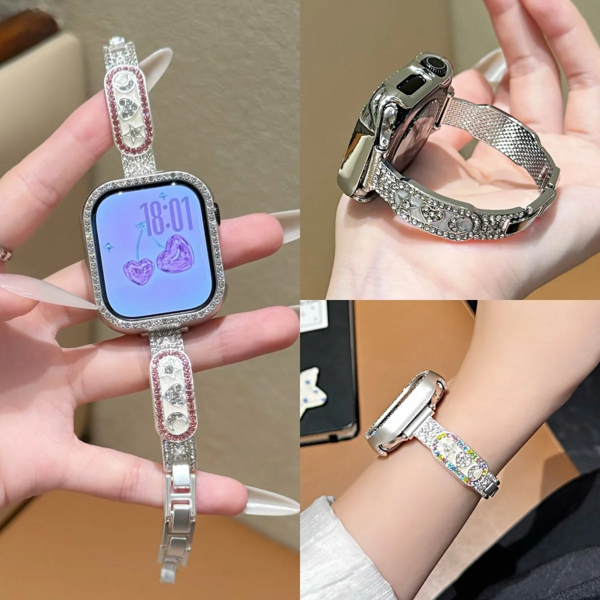 Sweet Star Moon Heart Rhinestone Metal Strap For Apple Watch Ultra SE 11 10 9 8 7 Elegant Colorful Bling Casual Women Wristband