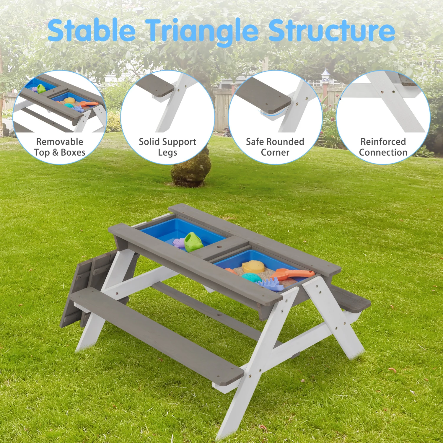 

3-in-1 Kids Outdoor Wooden Picnic Table With Umbrella, Convertible Sand & Wate, Gray ASTM & CPSIA CERTIFICATION