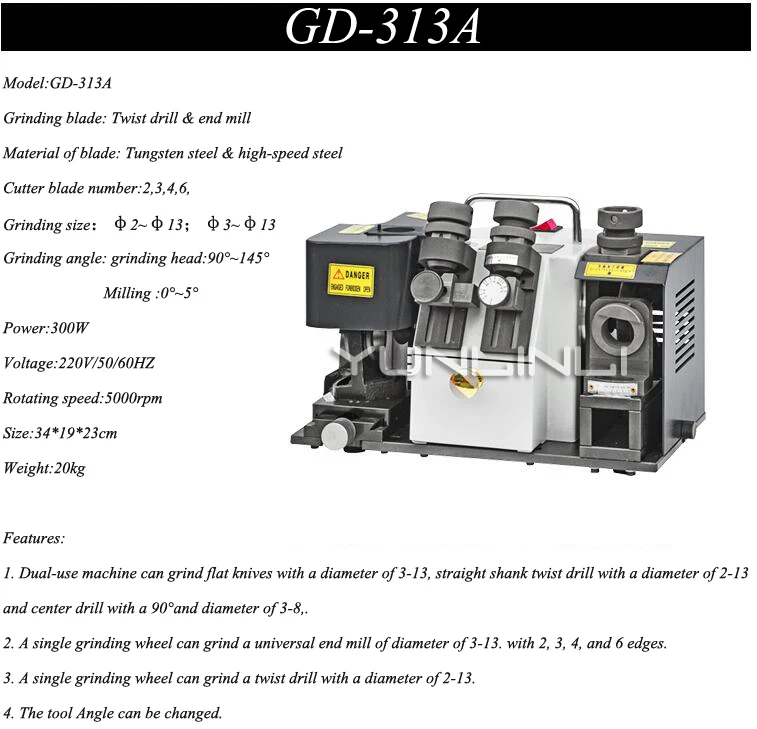 GD-313A Electric Milling Cutter Grinder 220V Drilling Milling Grinding Machine Grinding drill bits/round nose knife/grinding tap