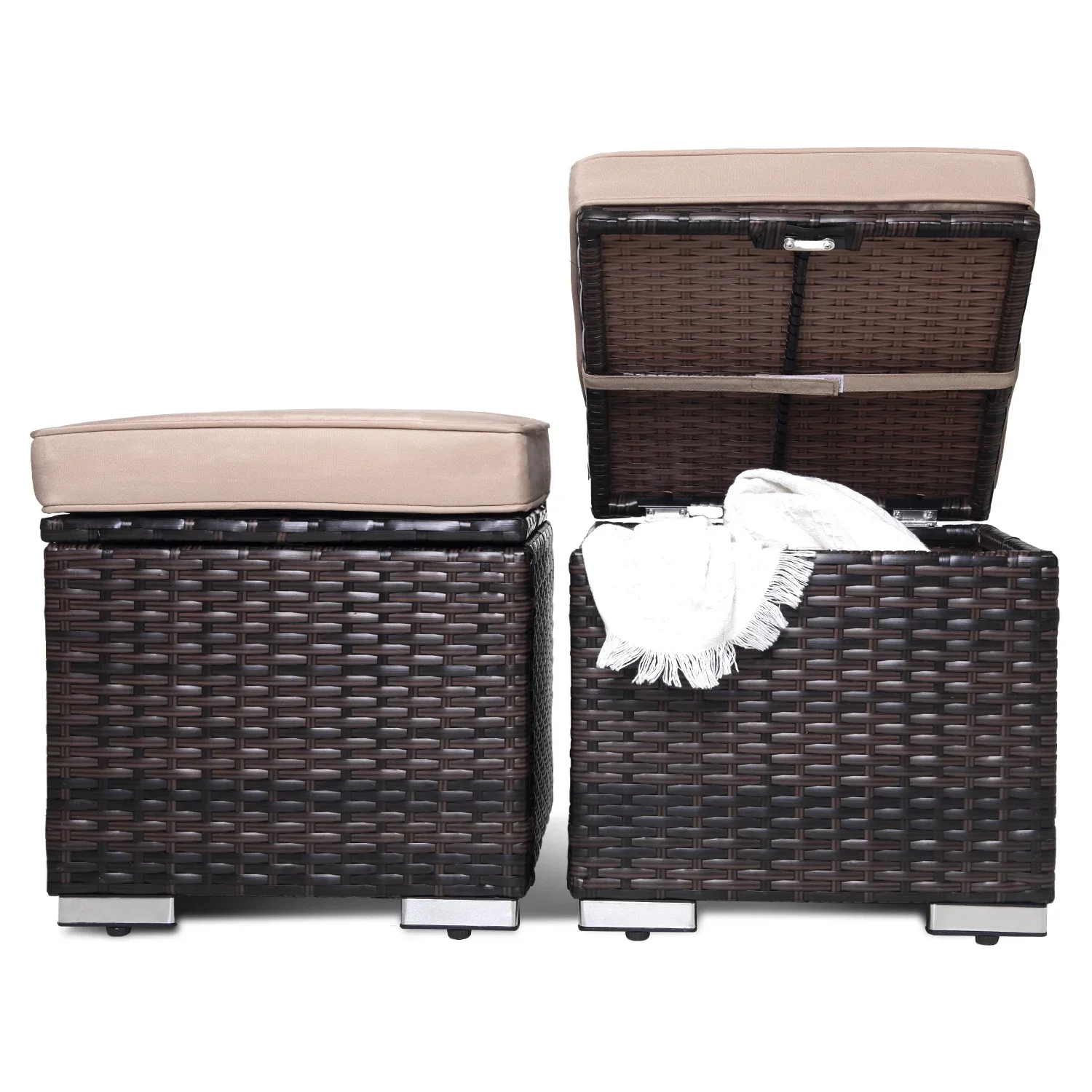 

2 Pieces Outdoor Ottoman Patio Foot Rest PE Rattan Foot Stool with Storage All Weather Outdoor Ottomans