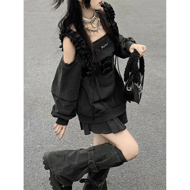 Harajuku Punk Loose Hoodies Dress Two Pieces Sets Women Y2K Socks Grey T-shirts Vestidos Long Sleeve College Girls Dress Sets