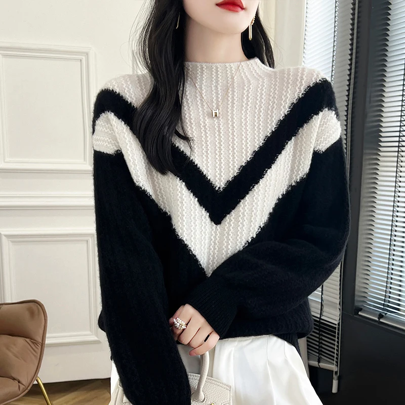 New Women\'s Clothing Autumn Winter 100% Wool Thickened Knitted Pullover Loose Large Size Tops Contrasting Color Stand Up Collar