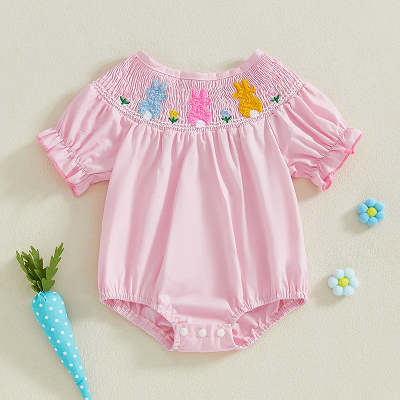 FOCUSNORM 0-18M Lovely Baby Girls Easter Romper Ruffles Short Sleeve Flower Rabbit Embroidery Smocked Crew Neck Jumpsuit