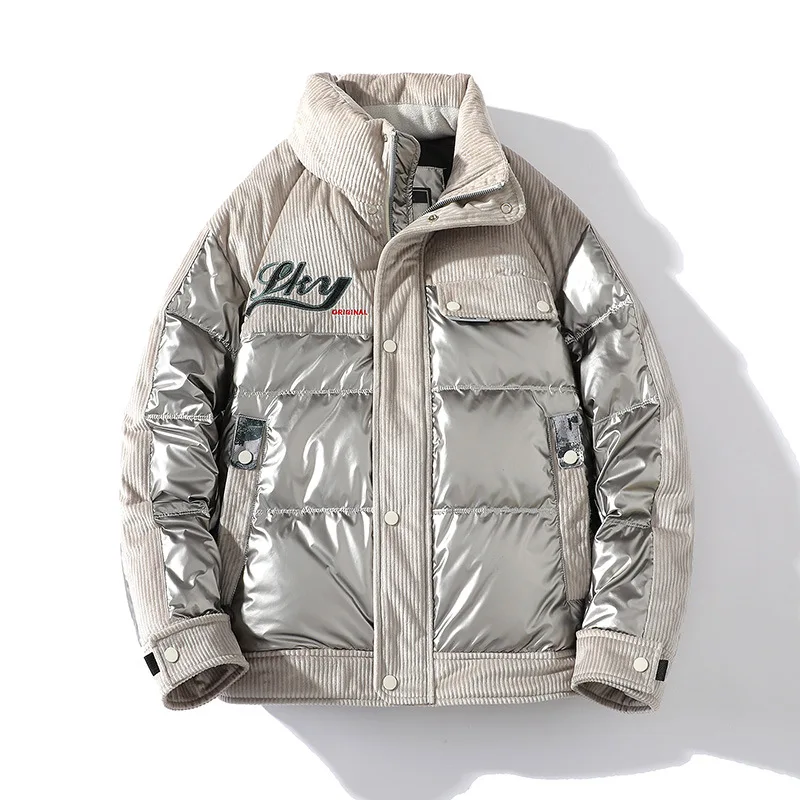 New Brand Winter Down Jackets Men Woman Letter Embroidery Down Coat Bubble Padded PU Leather Corduroy Patchwork Couple Parkas