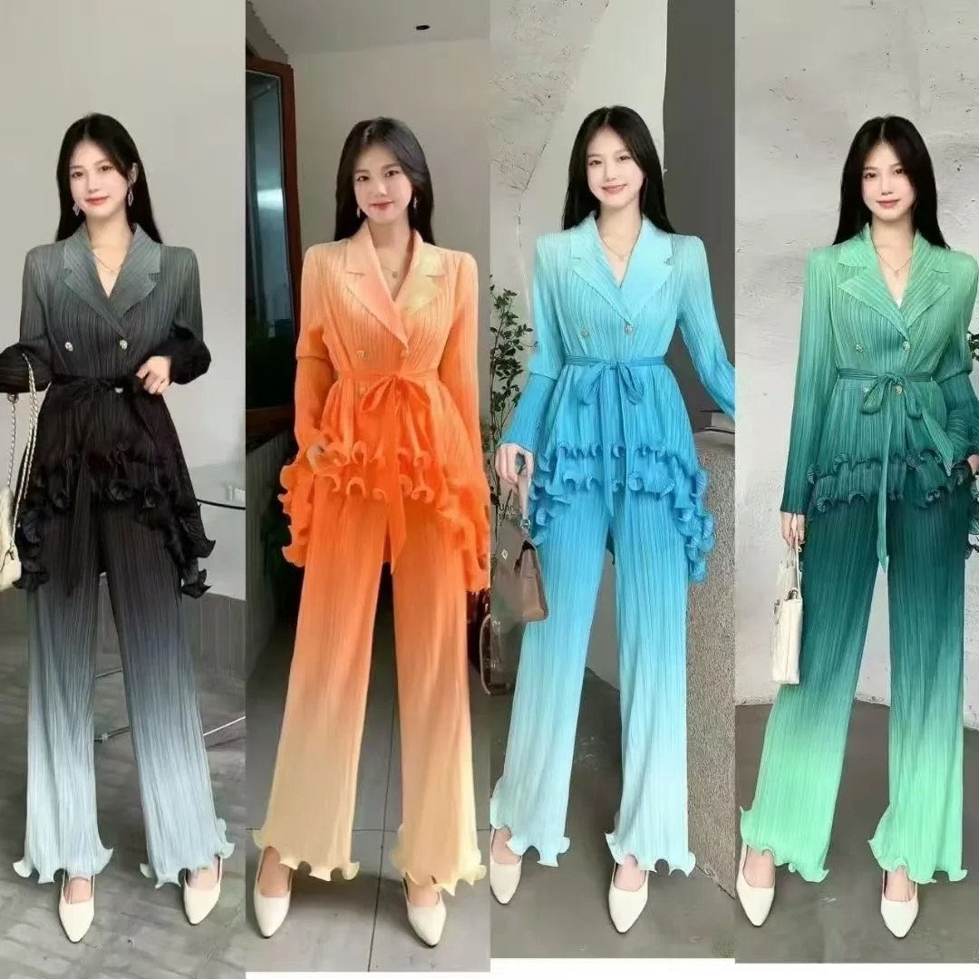 

YUDX Miyake Gradient Pleated Women's Two Piece Set 2025 Summer New Fashion Chic Ruffle Irregular Blazer and Elastic Waist Jacket