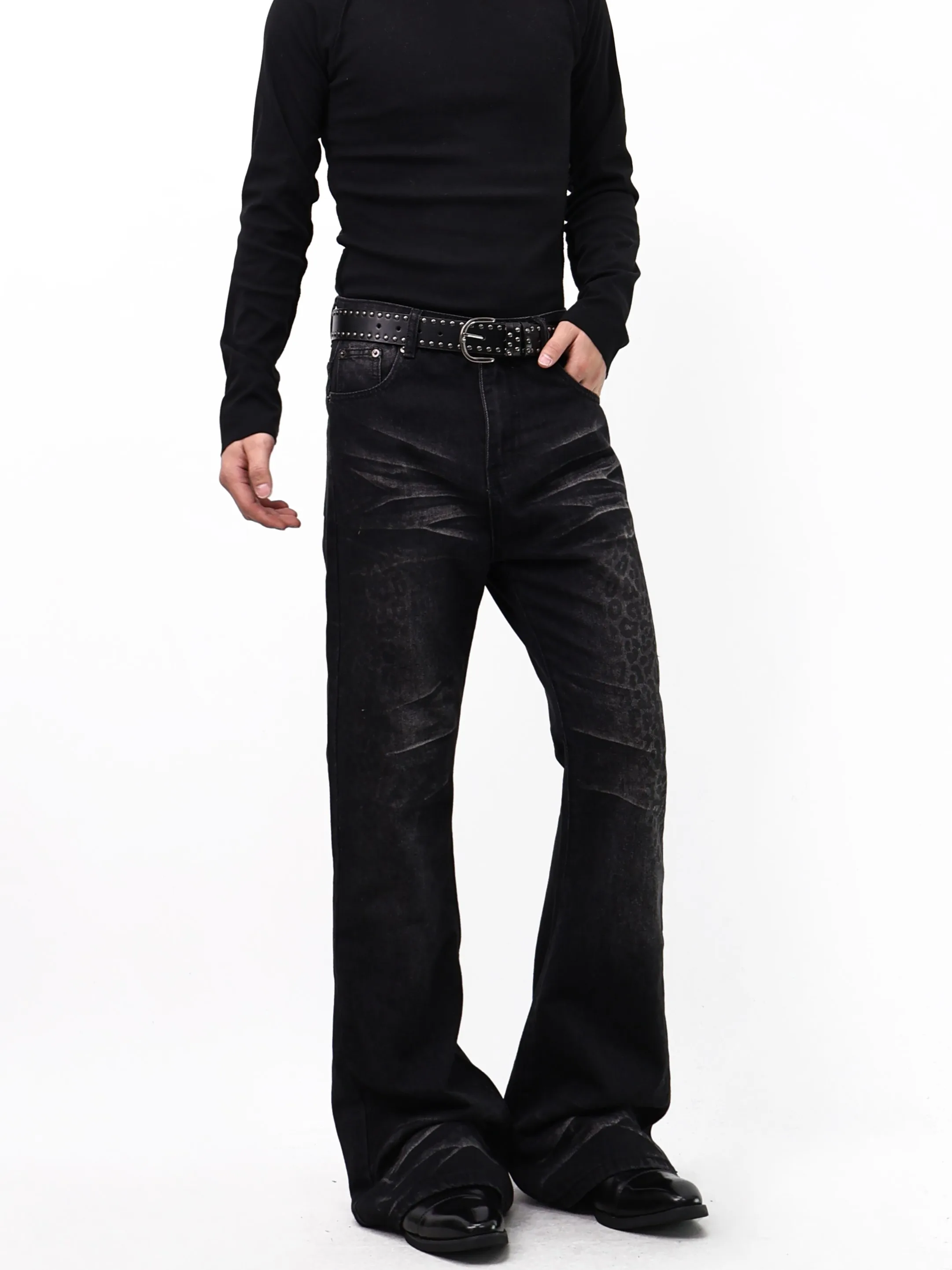 Calça Jeans Slim Fit Unissex Blackat Y2K com Estampa de Leopardo, Estilo Street, Skinny, Longa, em Algodão com Elastano