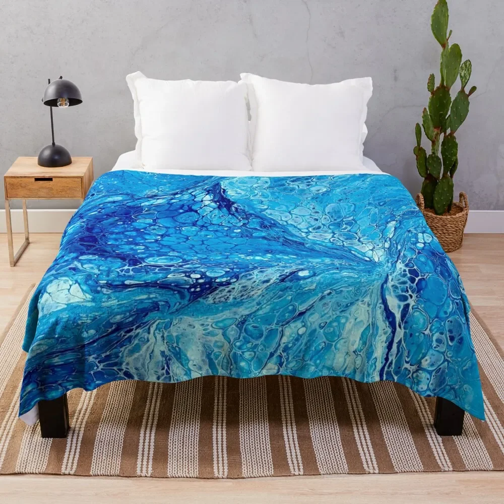 Blue Ocean Sea Glass Inspired Abstract Fluid Art Painting Throw Blanket Custom Large Blankets