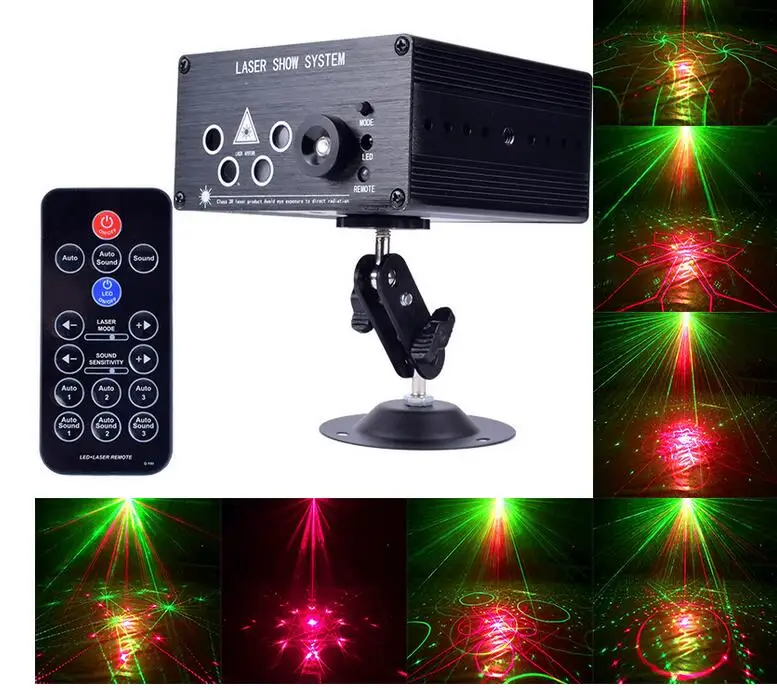 

5 holes 120 pattern laser light led voice control rotating red blue green stage light mini remote control suitable for bar KTV p