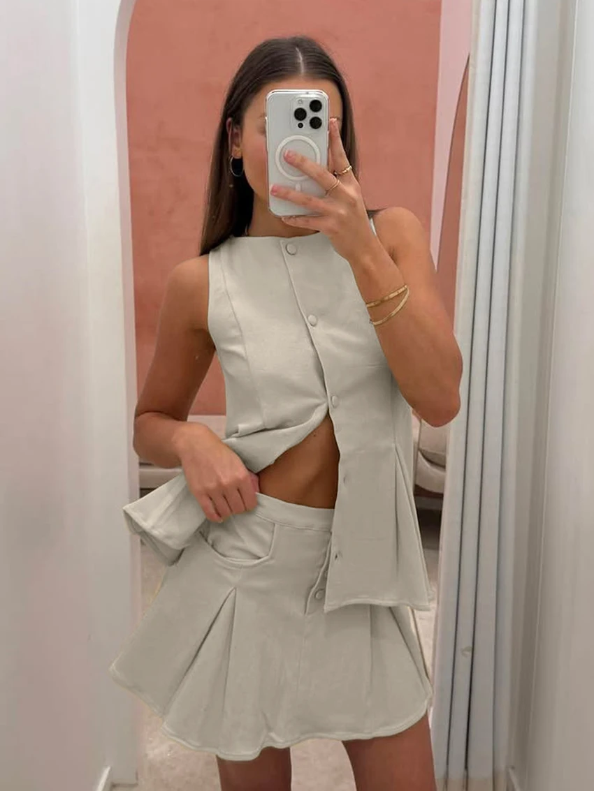 

Marthaqiqi Cotton Women Nightwear Suit O-Neck Sleepwear Tank Top Pajamas Sleeveless Nightgowns Skirts Casual Ladies Nightie Set