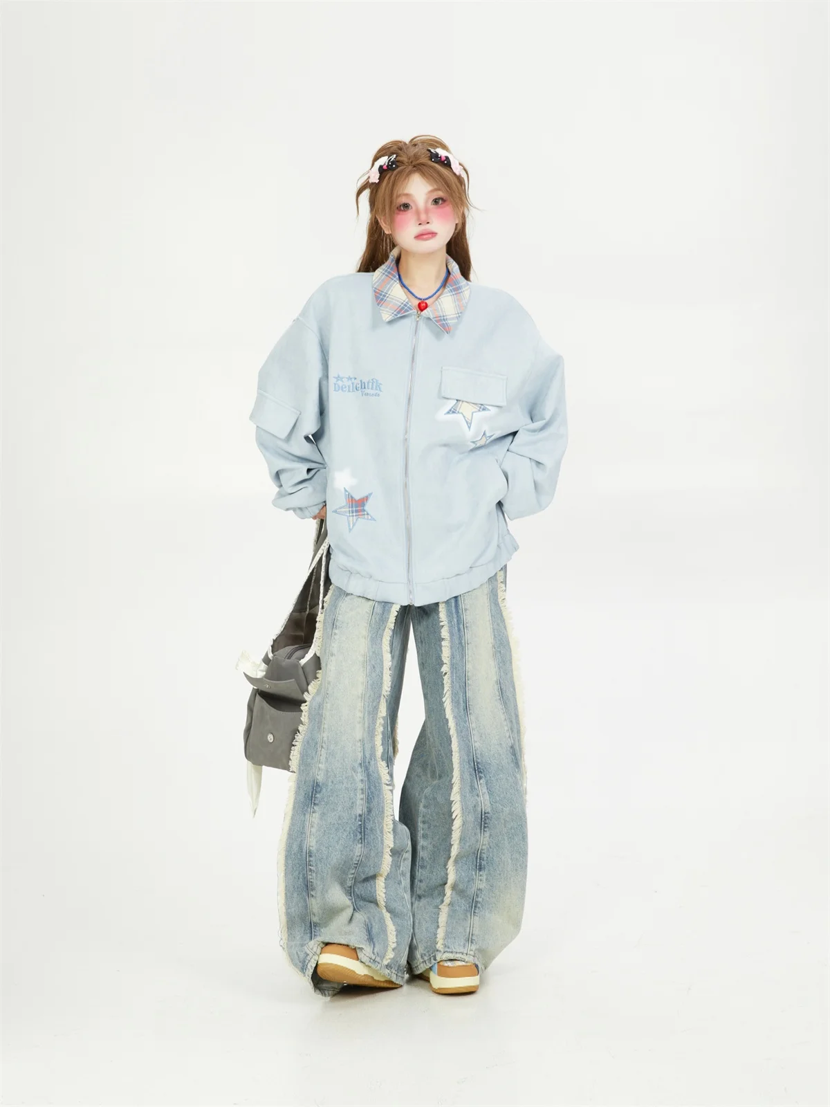 

American Sle Blue Suede Star Embroidery Patchwork Jaet Women's Spring Autumn Versatile ular Beautiful Outerwear Trendy...