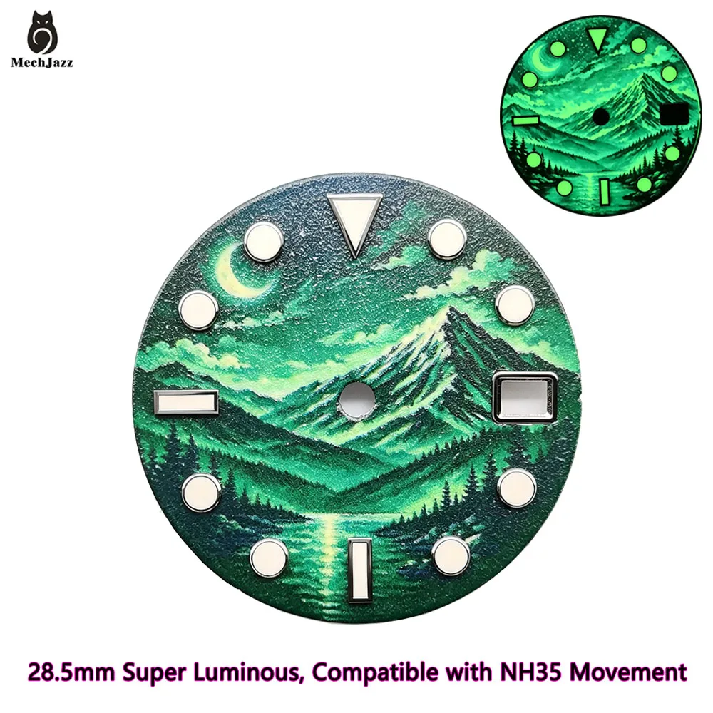 MechJazz 28.5mm Night‑Scene Watch Dial, Super Luminous, with Date Window, Watch Mod Parts, Compatible with NH35, NH36 Movement