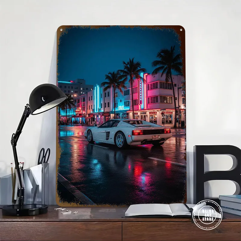 Sports Car Testarossa in Miami Vice Tinplate Poster Customized Wall Art Vintage Metal Signs Retro Tin Plaque for Desk Decor Home