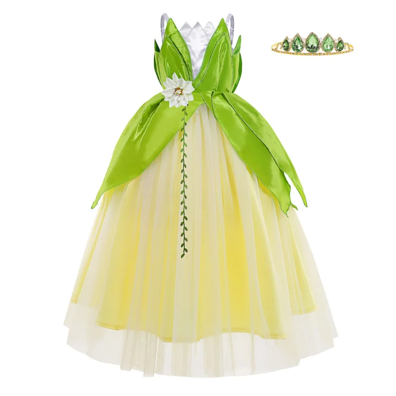 Halloween Children Tiana Cosplay Costume Girls Party Green Gowns Flower Princess Dresses Fancy Forest Fairy Elf Dress Up