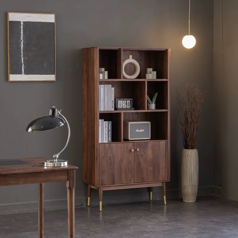 Solid wood bookcase All solid wood Modern simple study Magazine cabinet Floor to wall Storage Black walnut combination bookcase