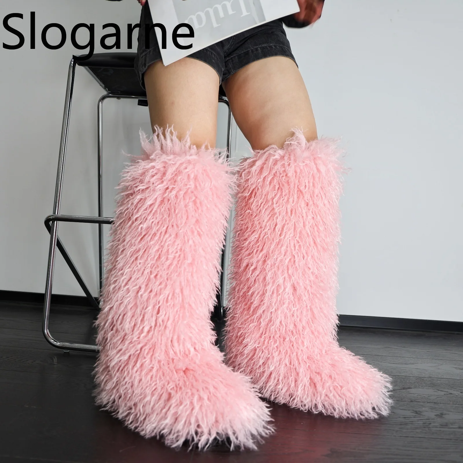 Luxury Winter Faux Fur Knee High Boots Women Wool High Tube Fur Snow Boots Fluffy Faux Mongolian Fur Platform Shoes Girls Boots - view 3