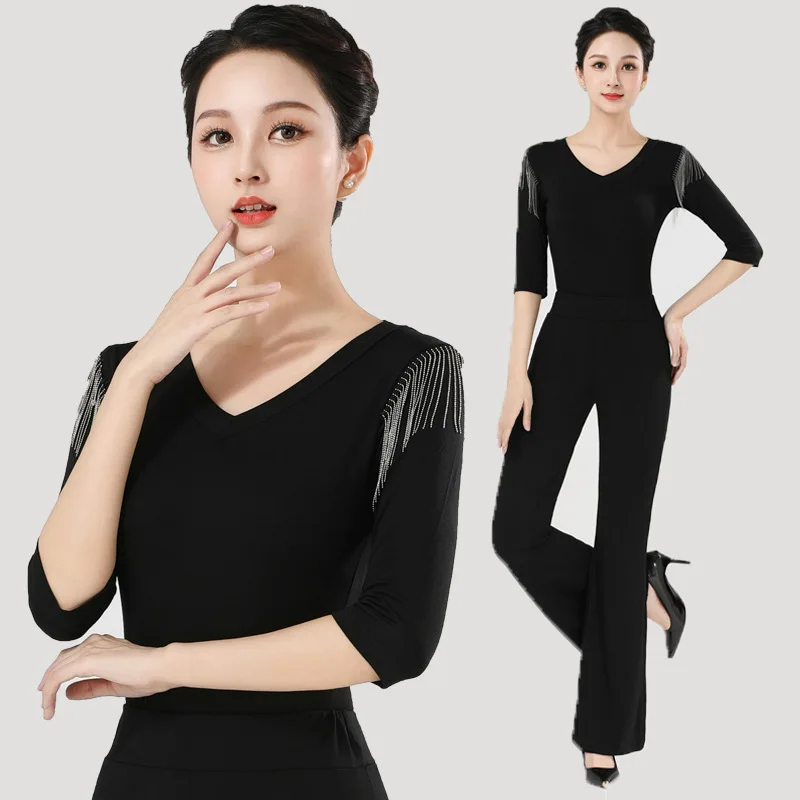 Çizgi Dans Üst Latin Dans Uygulama Takım Elbise Balo Salonu Oryantal Kostüm İlkbahar Yaz Rhinestones Üst Kadın Vals Klasik Yeni Pantolon