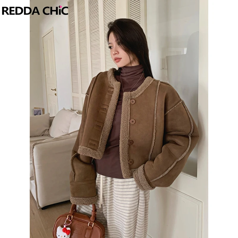 

REDDACHiC Women Sherpa Fleece Leather Bomber Jacket Button Down Collarless Cropped Coat Casual Vintage Autumn Winter Outerwear
