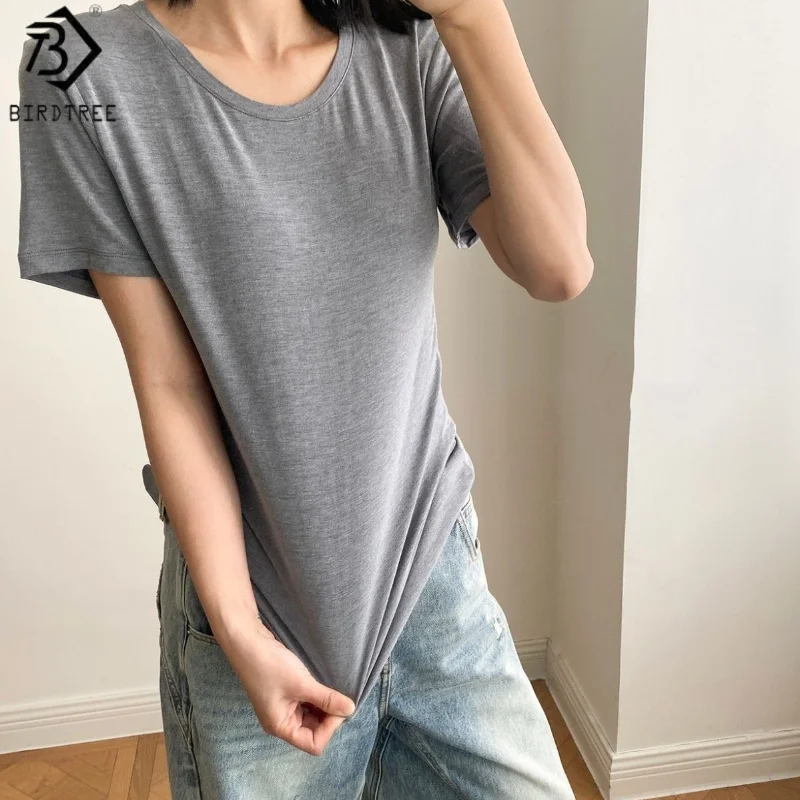 

Birdtree 2pcs 56.9% Viscose 2.3% Sheep Wool 1.6% Mulberry Silk Tshirt,Women O-neck Short Sleeve Solid Shirt,2025 New T57511JF