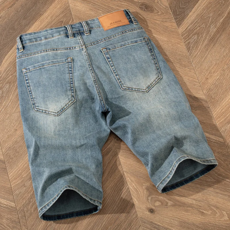 Celana Jeans pendek pria tipis musim panas celana pendek crop klasik lurus ramping Retro celana panjang nostalgia dicuci serbaguna kasual