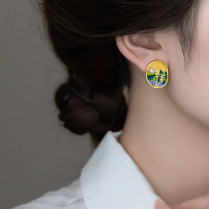 Monet Garden Imitates Baroque Pearl Oil Painting Style Stud Earrings For Women\'s High-end Jewelry Retro Accessories For Summer