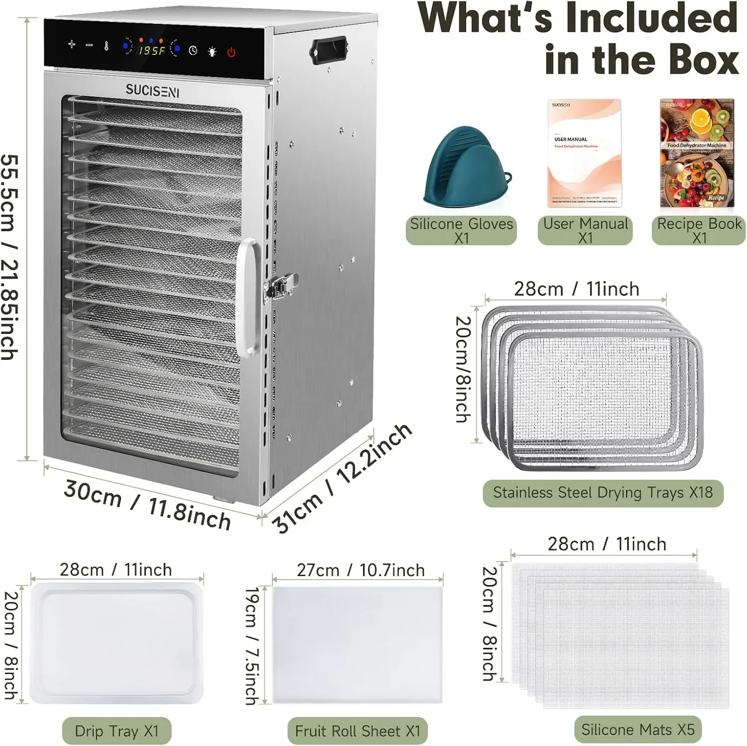 Food Dehydrator Machine 1000W 18 Trays Stainless Steel Commercial Food Dehydrated Dryer with 24H Timer Touch-Control LED