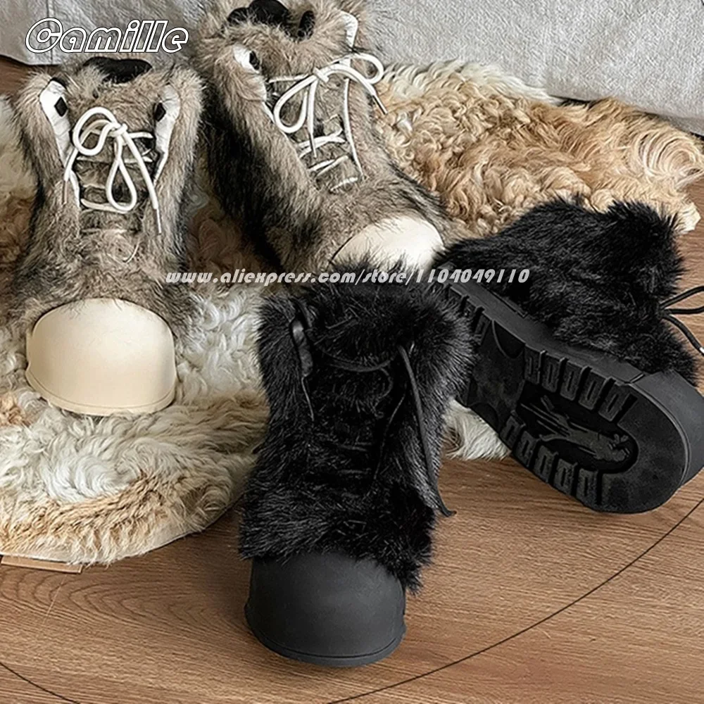 Fur Mixed Color SHort Plush Front Lace Up Snow Mid-Top Sneakers Winter NEW Size 36-44 Lady Snow Boots Round Toe Casual Boots
