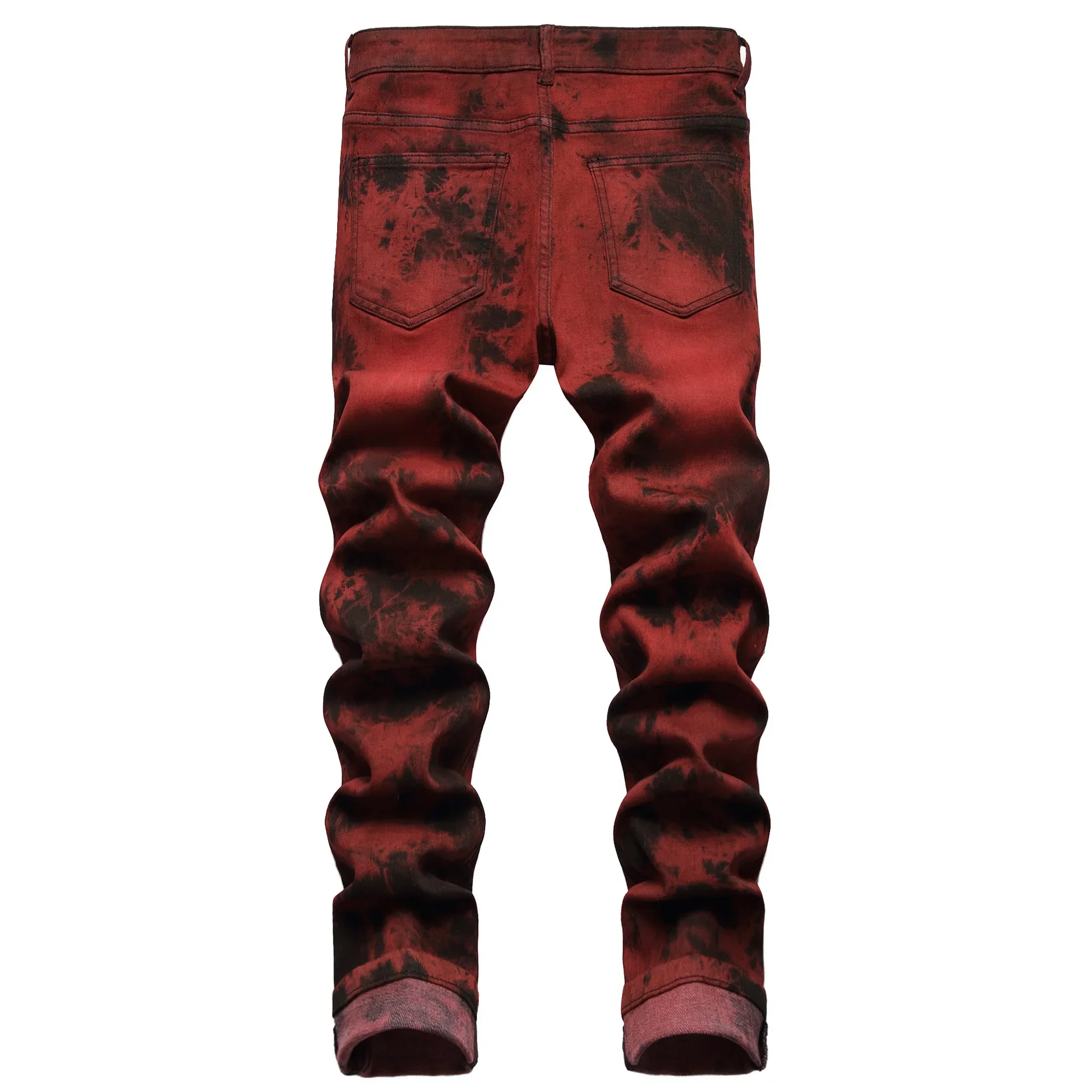 Brand Mens High Quality Jeans Slim Tie dye Snow Wash Brick Red Denim Straight Pants Vintage Streetwear Fashion Casual Trousers