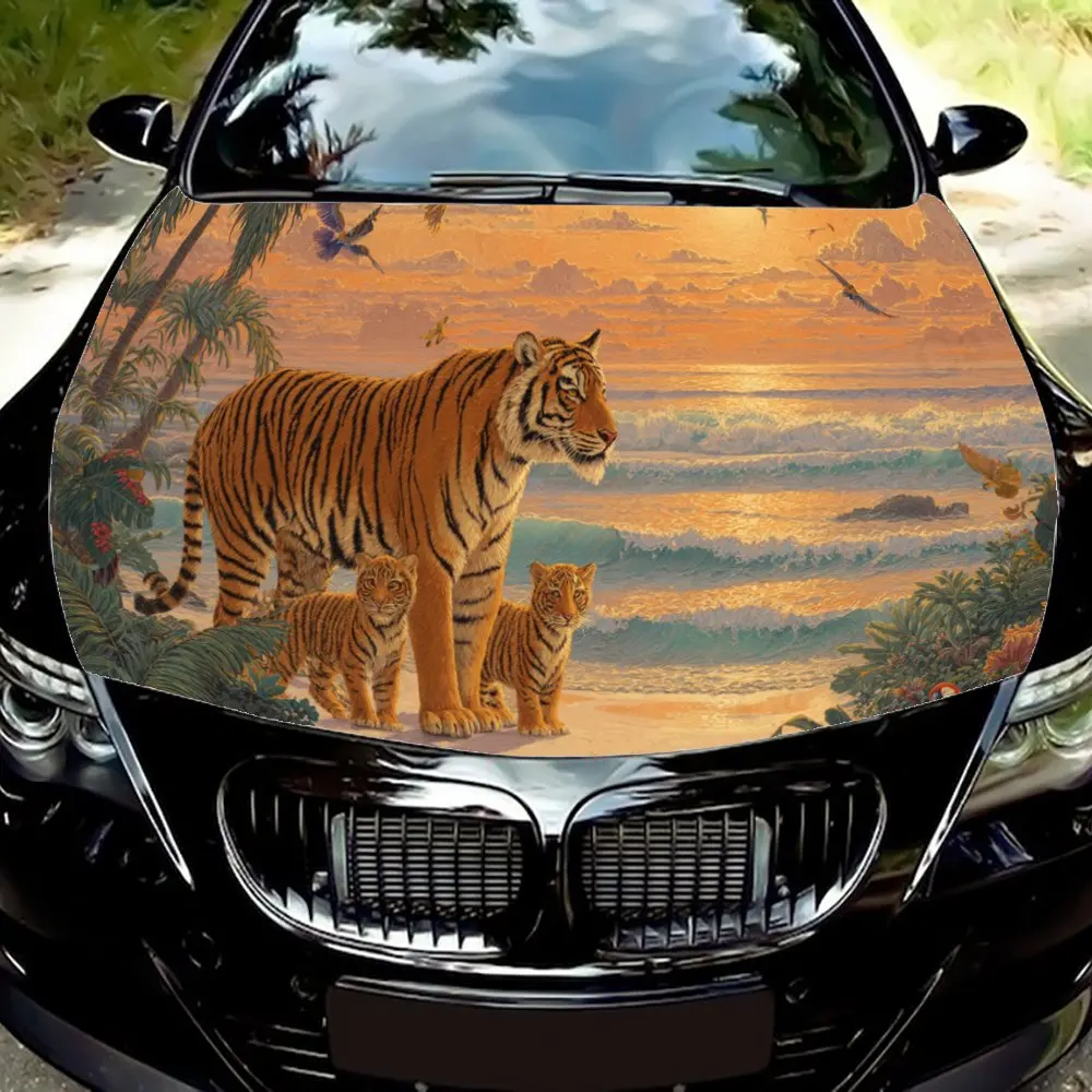 

Tropical Beach Tiger Family with Golden Sunset Car Engine Hood Sticker, Auto Art Decal, Car Exterior Personalized Decoration, Gi