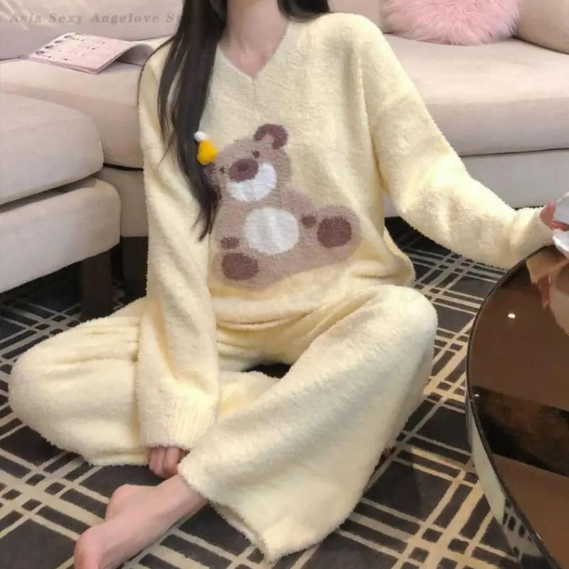 

Cartoon Bear Sleepwear Female Flannel Pajamas Set Lounge Wear Autumn Winter Thicken Warm Pijama Mujer Coral Fleece Home Clothes