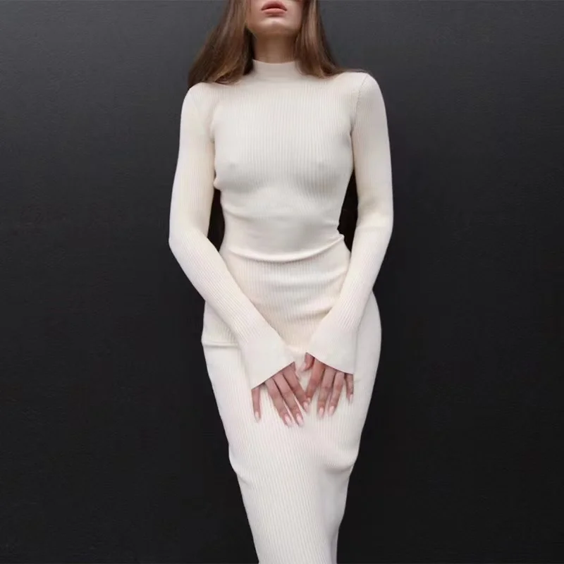 Female Elegant Fashion Skinny Dress Autumn Knitted Turtleneck Dress Women Long Sleeve Bodycon Midi Dresses