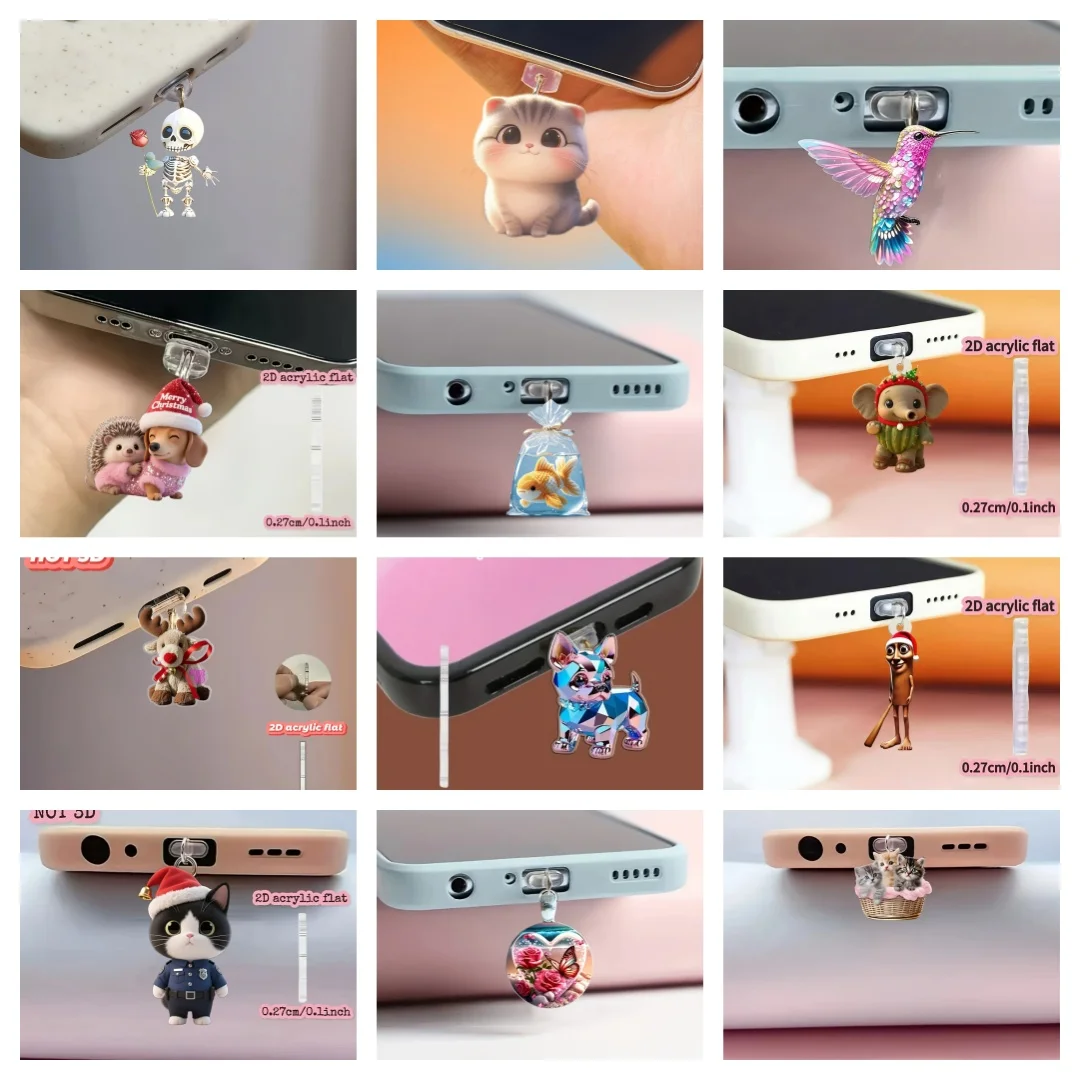 2D Flat Acrylic Phone Dust Plug Collection, Suitable for Type-C, Suitable for iPhone 15-17 Phone Dust Plugs, Needs to Be Peeled Off before Use, Diverse Styles