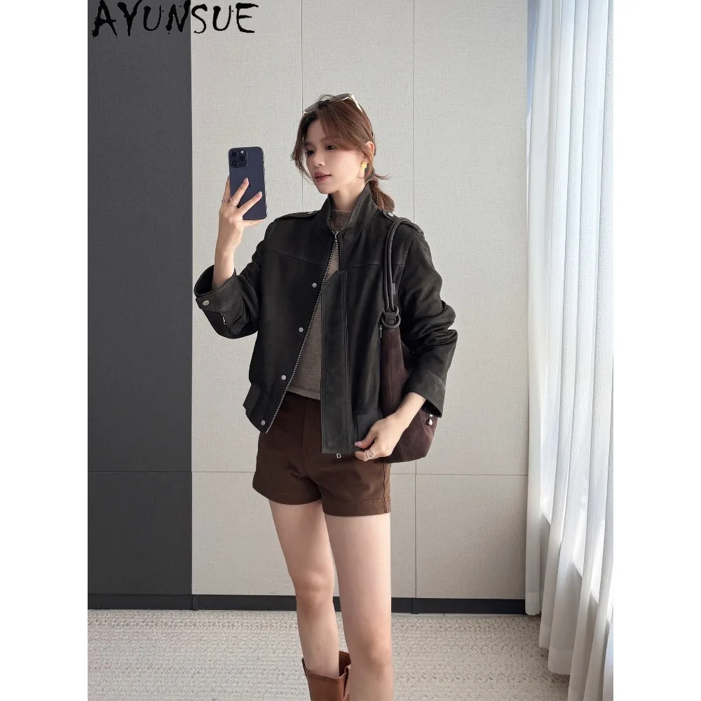 AYUNSUE Real Leather Jacket Women Spring Atumn Vintage Clothes Kid Velvet Womens Coats Fashion Motorcycle Short Casaco Feminino