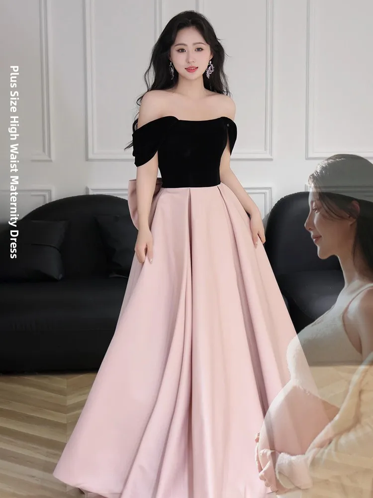 

Элегантное длинное платье с высокой талией и одним открытым плечом для помолвки, свадебное платье, одежда для беременных, удобная ткань из полиэстера