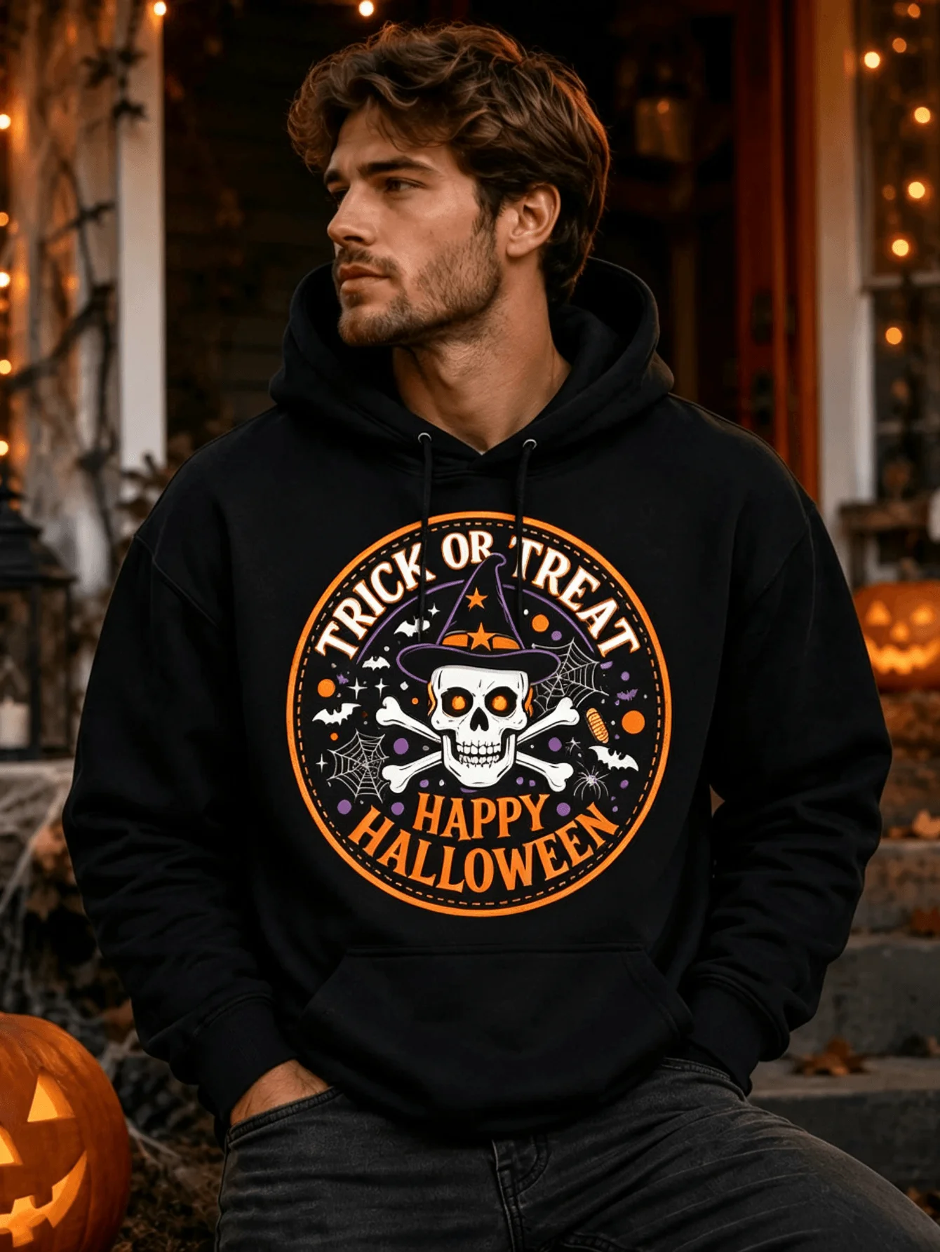 Men'S Pullover Hoodie Halloween Trick Or Treat Skull Graphic Casual Sweatshirt for Fall Halloween Party Wear