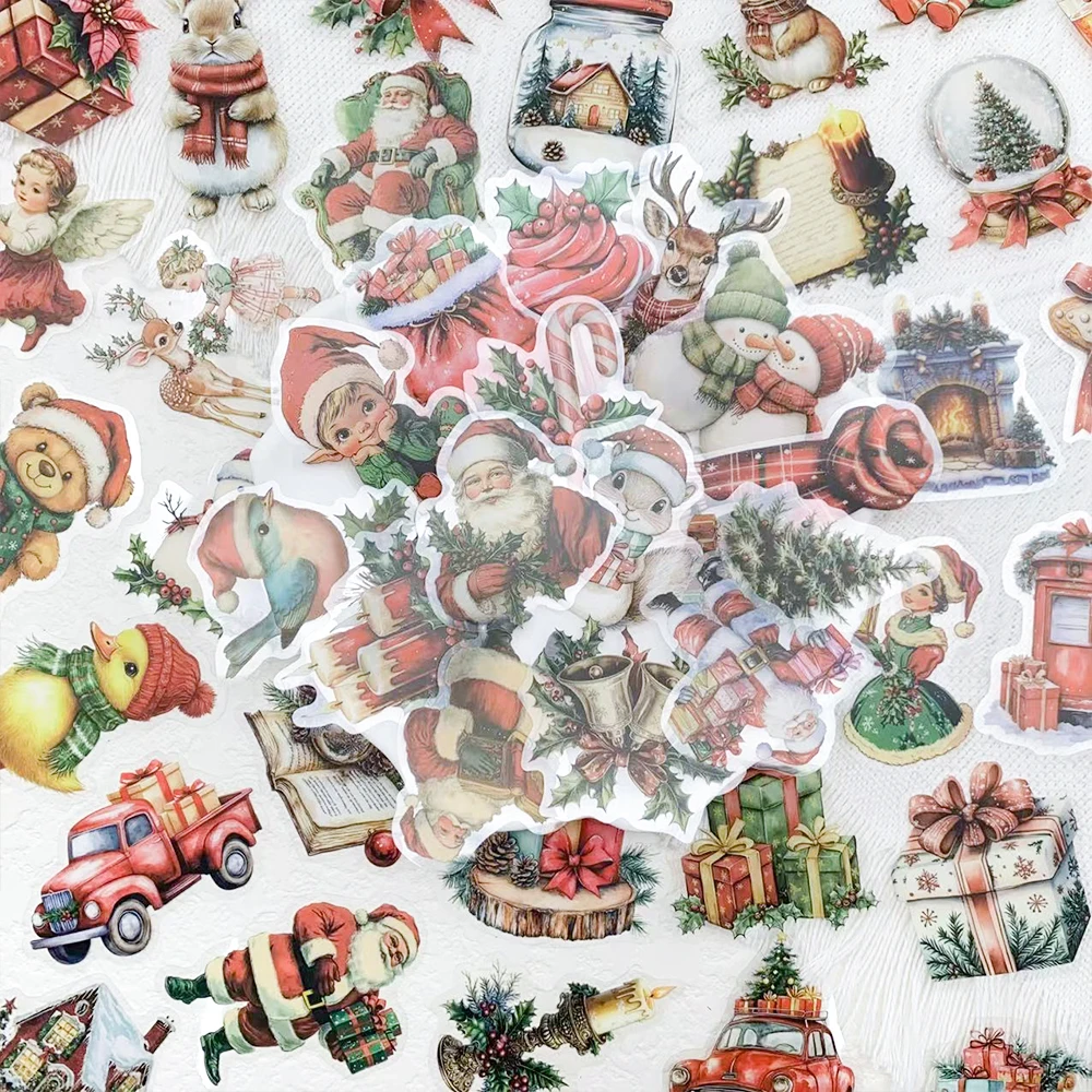 50pcs Retro Christmas PET Stickers Decals For Laptop Wall Suitcase Refrigerator DIY Aesthetic Stickers Creative Festival Gifts