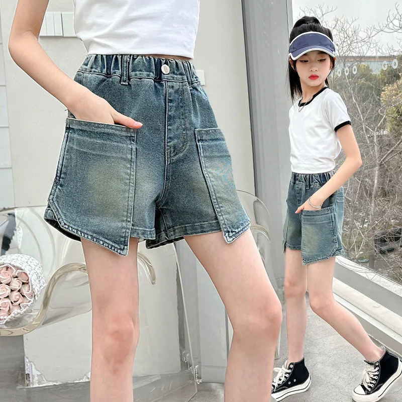 Vintage Blue Kids Summer Denim Shorts with Big Pocket for Tween Girls Casual Slim Fit Mini Jeans Pants 5 6 7 8 9 10 12 13 14 Y