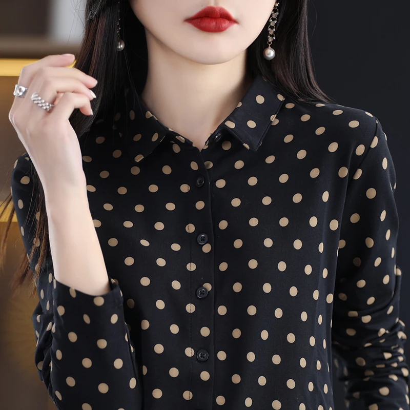 Imagem -05 - Camisa Polo de Manga Comprida Feminina Puro Algodão Decote o Moda Solta Wave Dot Top Elegante e Versátil Primavera e Outono Novo