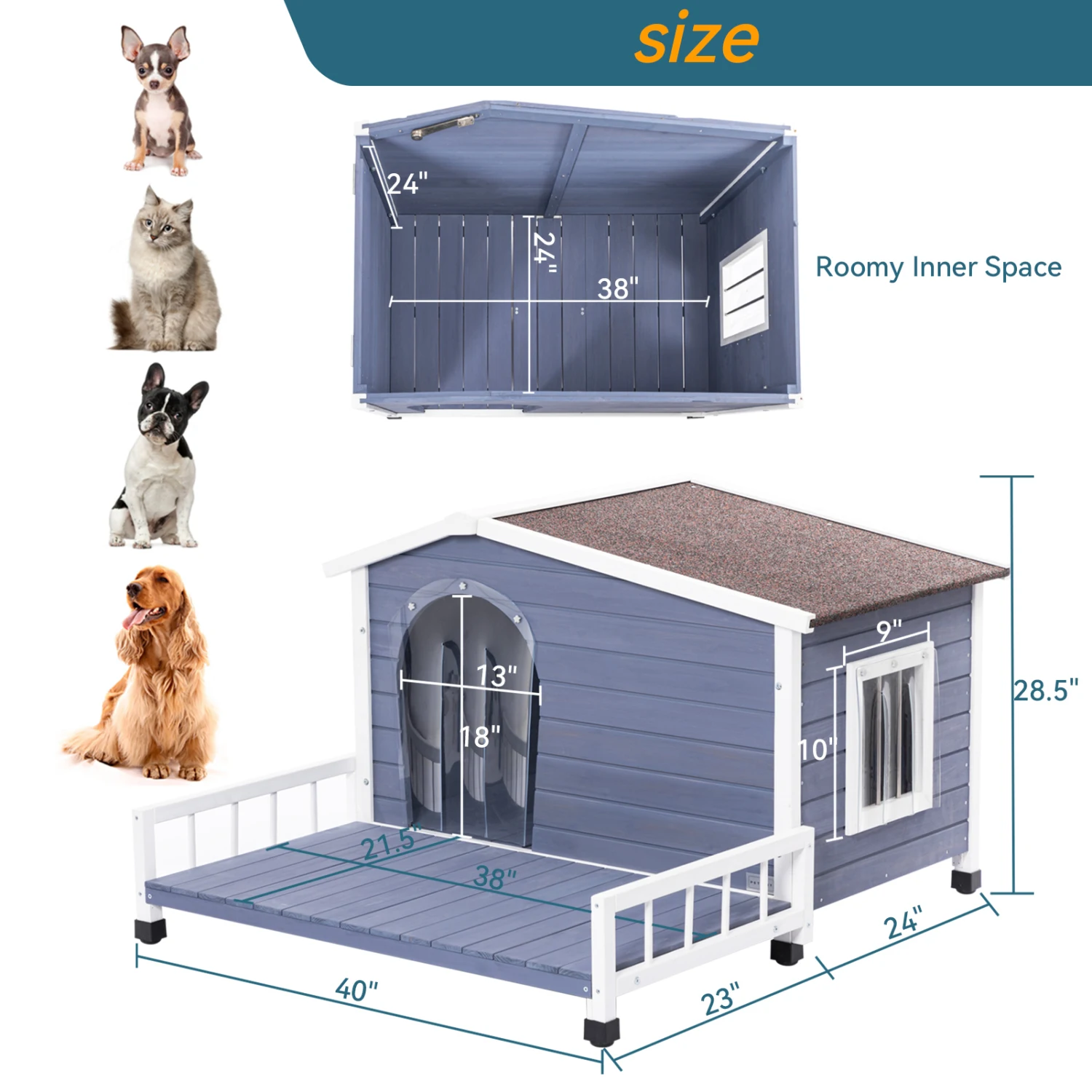 Large Wooden Dog House with Terrace, Waterproof Roof, Raised Floor, Windows, Door Curtains - Small/Medium Dogs