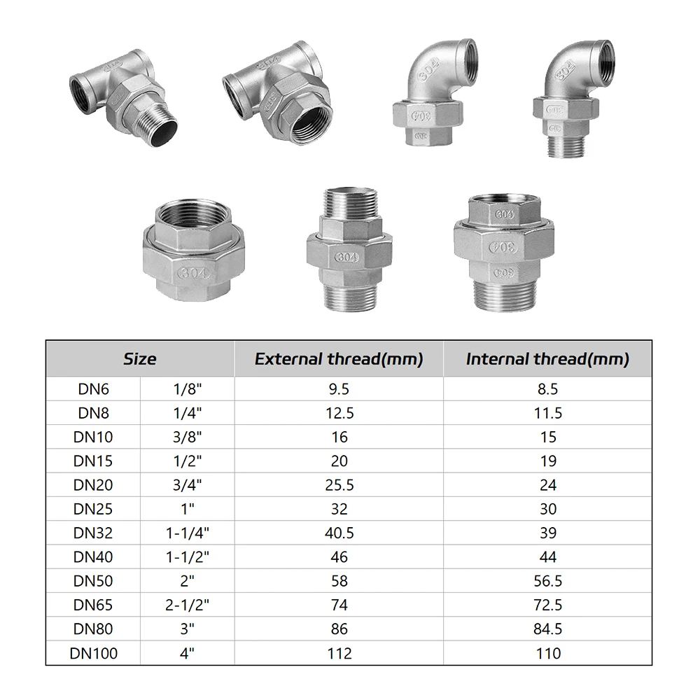 304 Stainless Steel Union Pipe Fitting Male Female Thread Elbow Tee Union Connector PT 1/4