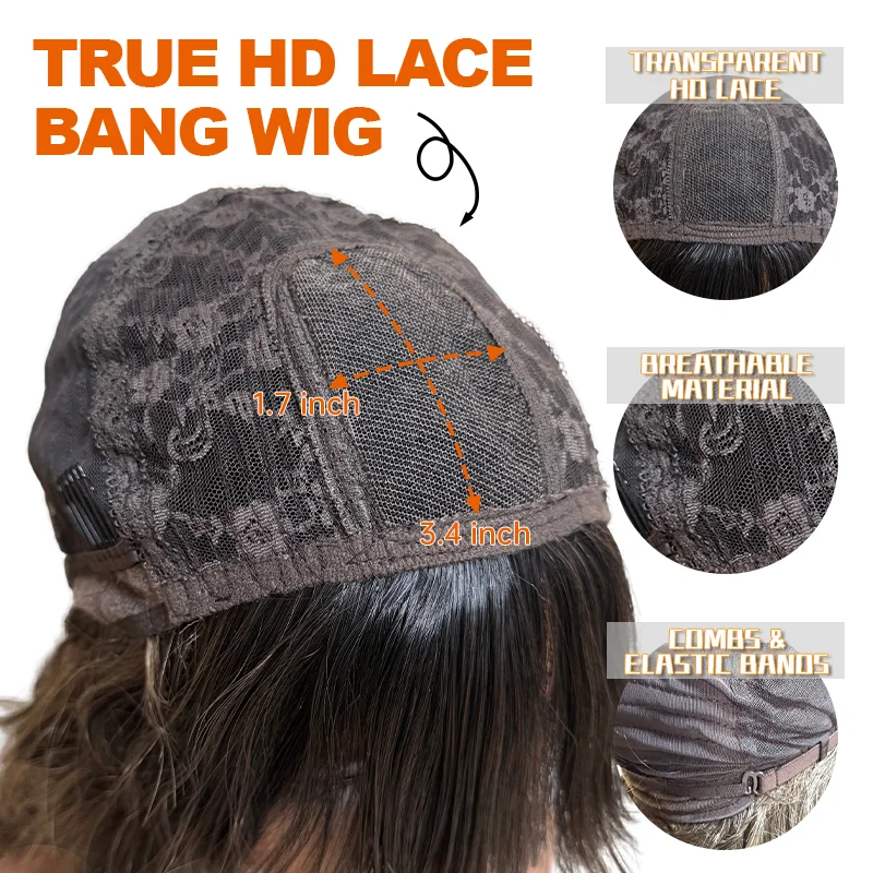 Natural Black Body Wavy Fringe Wig 13x4 Lace Front Synthetic Hair with Bangs for Women Daily Party Use