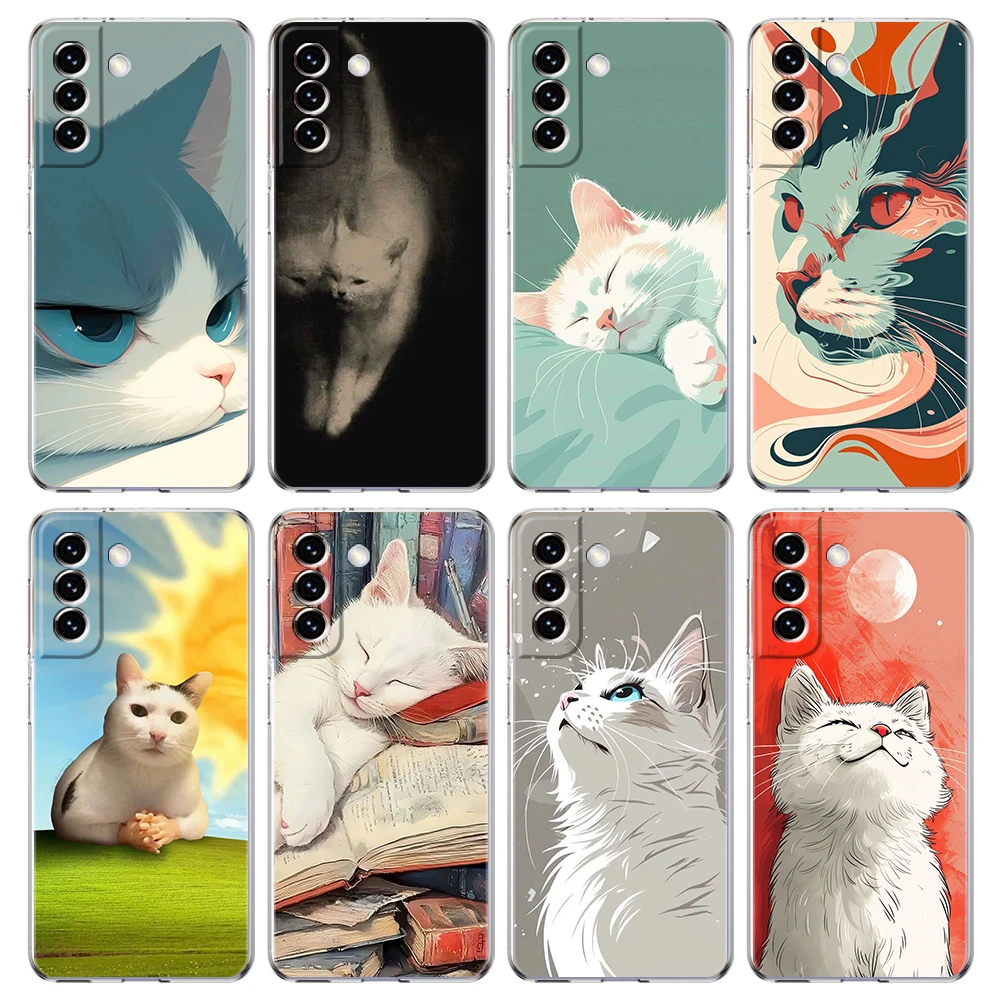 Cartoon Cat Transparent Cover for Samsung Galaxy S25 Edge S24 S23 S22 S20 S21 FE Ultra S10 S10E Plus 5G Phone Case Capas Fundas