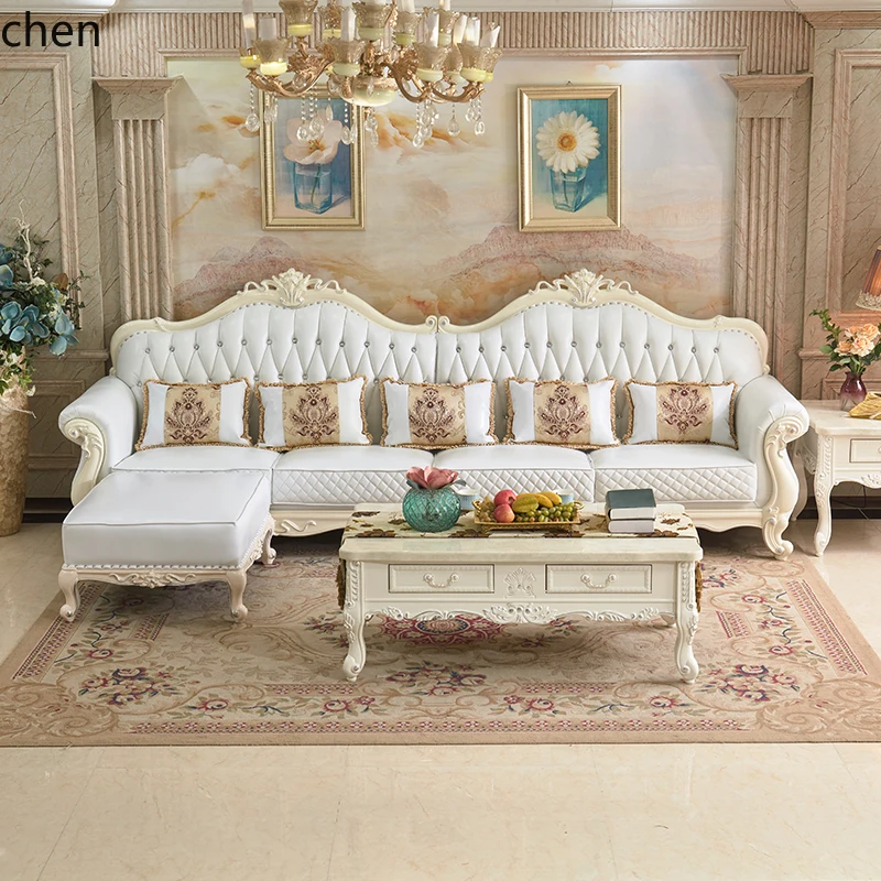 HT Genuine Leather Sofa Solid Wood Carved Four-Seater Straight Sofa Top Layer Cowhide Living Room Furniture