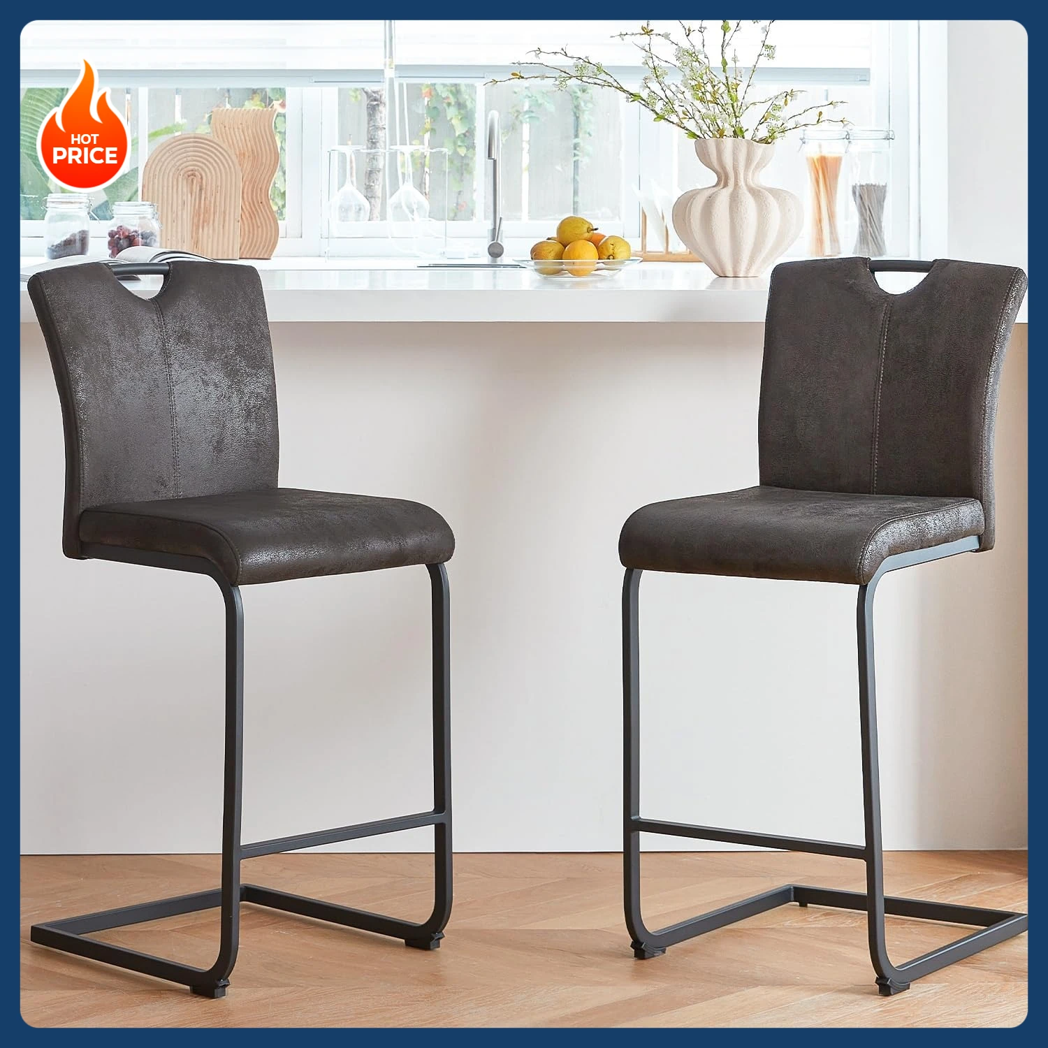 [New Arrival!]Mid Century Modern 24 Inch Black Bar Stools Set of 2 with Back,Upholstered Counter Height Bar Stools with Handle,V