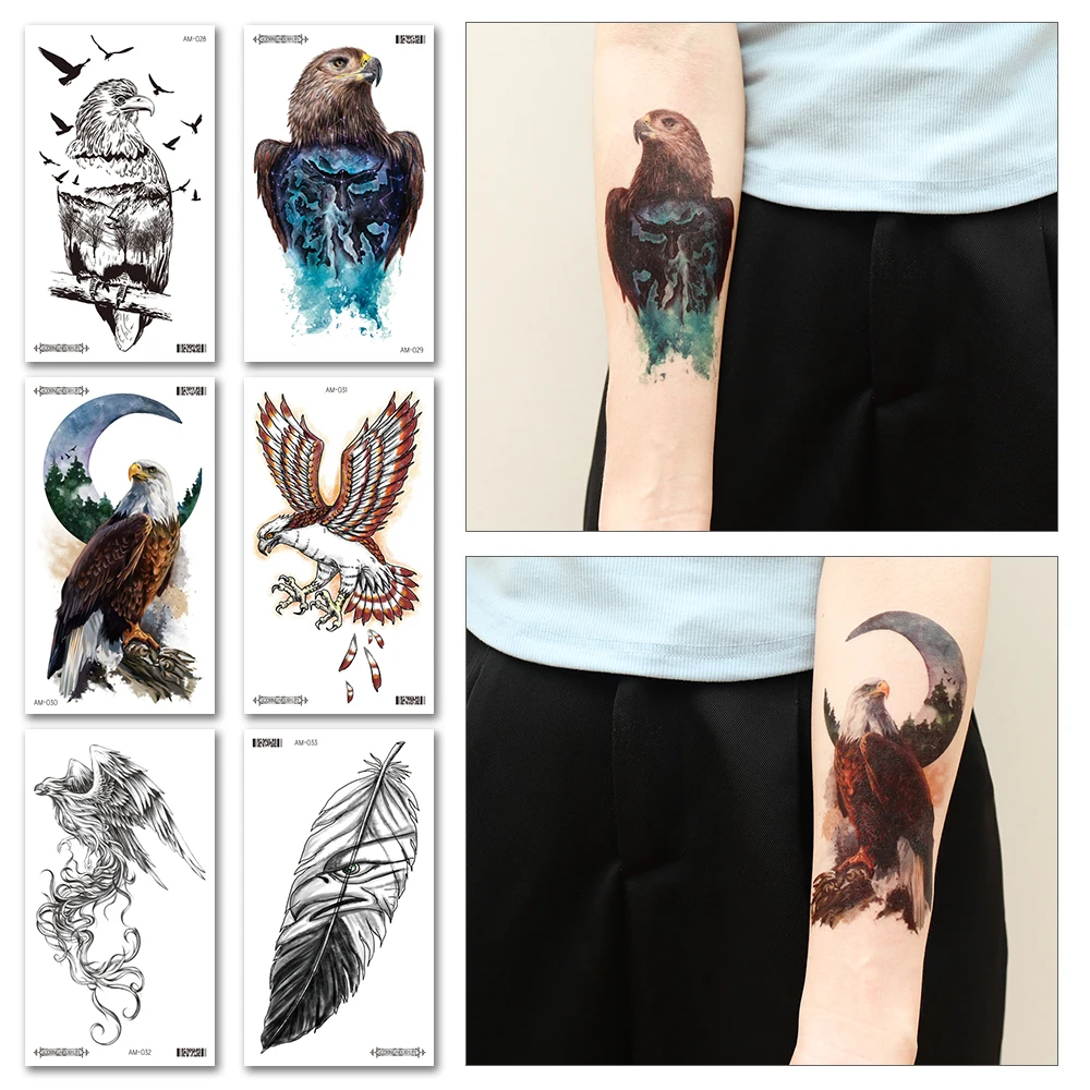 VeeCharm - Eagle & Snake Temporary Tattoos for Adults, Watercolor & Sketch Styles, Ferocious Beasts, Costume, Party, 1/12 Sheet