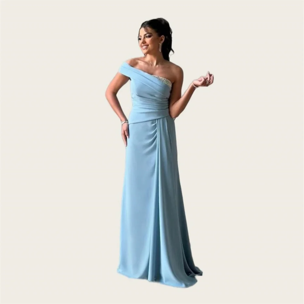 

Formal Dress Prom Saudi Arabia One Shoulder A-line Floor Length Skirts Fold Layered Draped Shirred Bead Bespoke Occasion Dresses