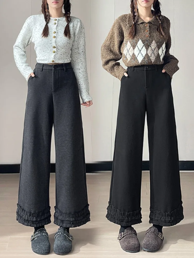 Thiened ey الصوفية متوهج السراويل النسائية الخريف الشتاء عالية الخصر التخسيس تسع نقاط رداء غير رسمية السراويل مع الأذن زهرة الدانتيل